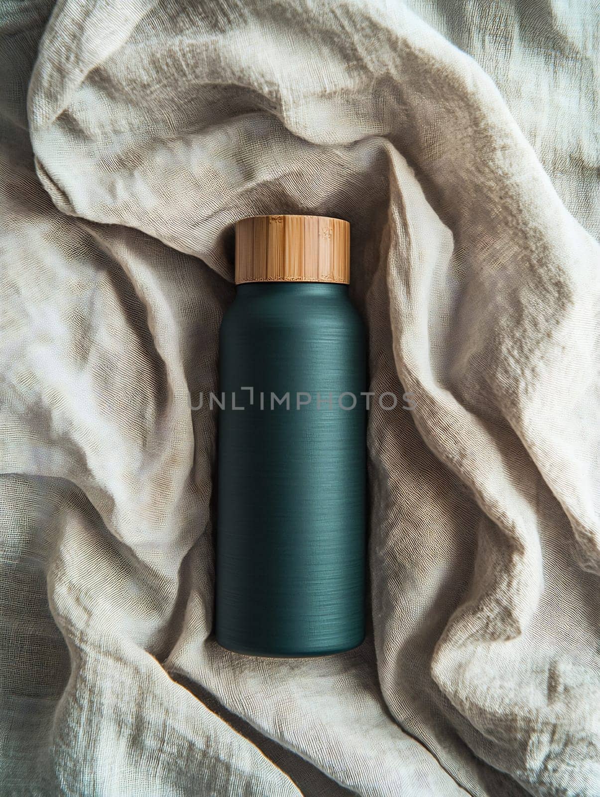 A teal bottle made from stainless steel is resting on a wrinkled, beige fabric, showcasing a minimalist design and bamboo lid.