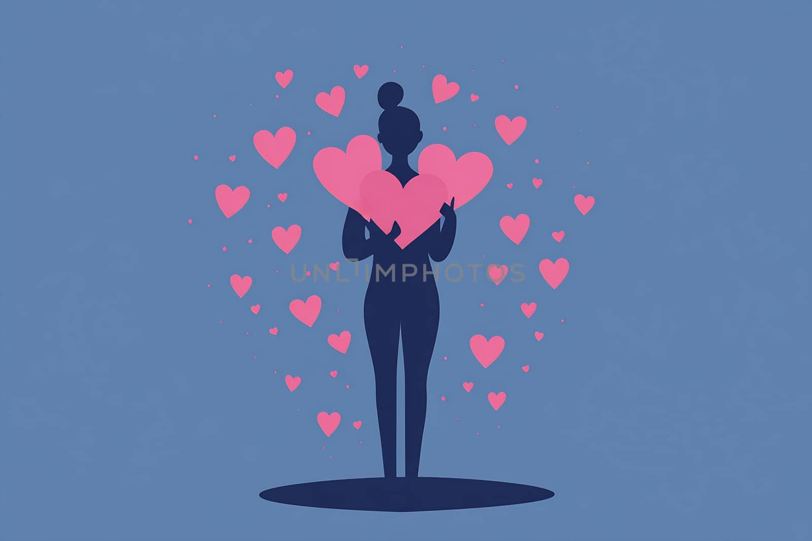 A silhouette of a woman stands against a blue background, cradling large pink hearts surrounded by smaller hearts.