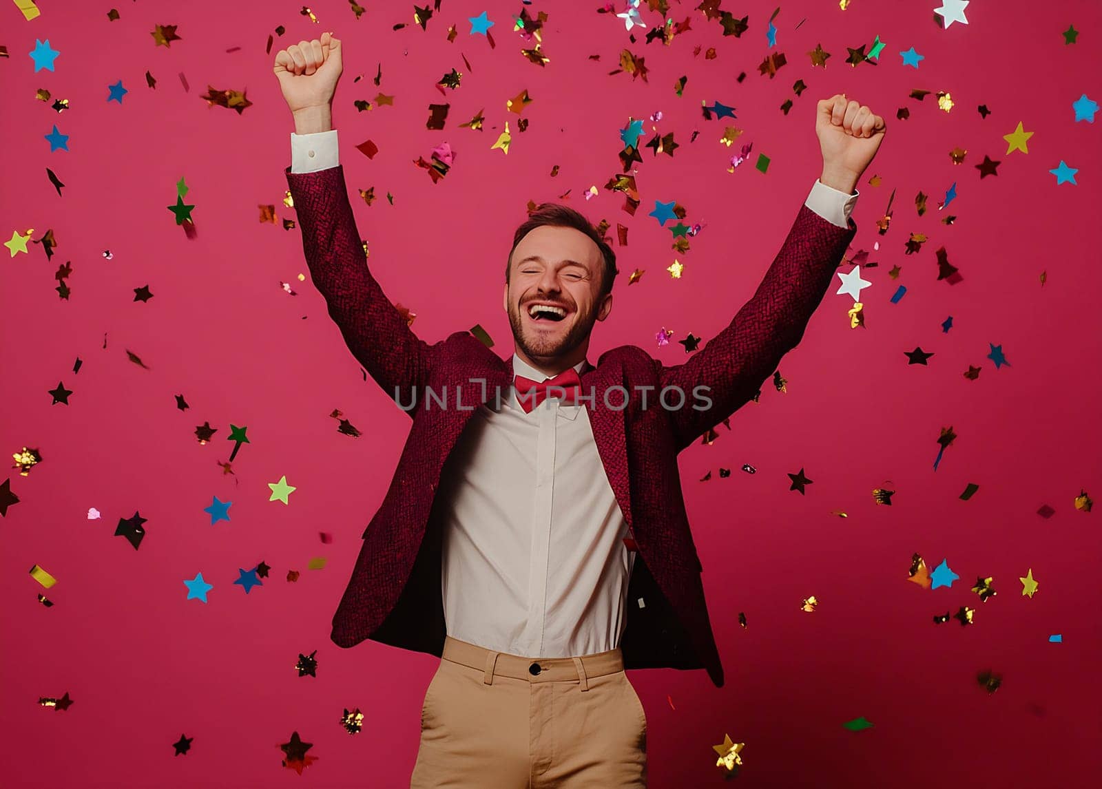 A man in a suit raises his arms in celebration, surrounded by vibrant confetti against a pink background.