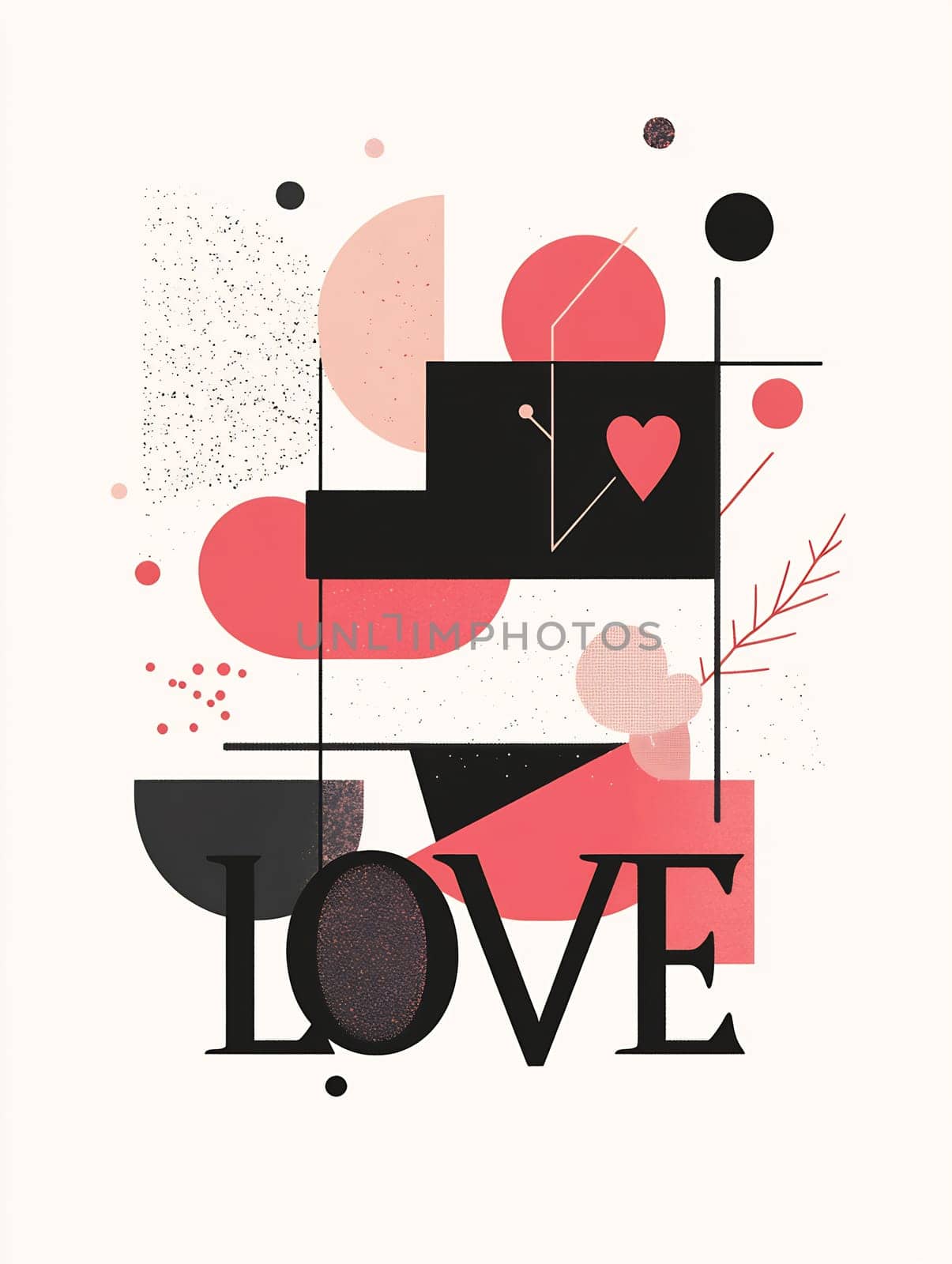 An abstract design features various shapes and colors, prominently displaying the word love at its center in a creative arrangement.