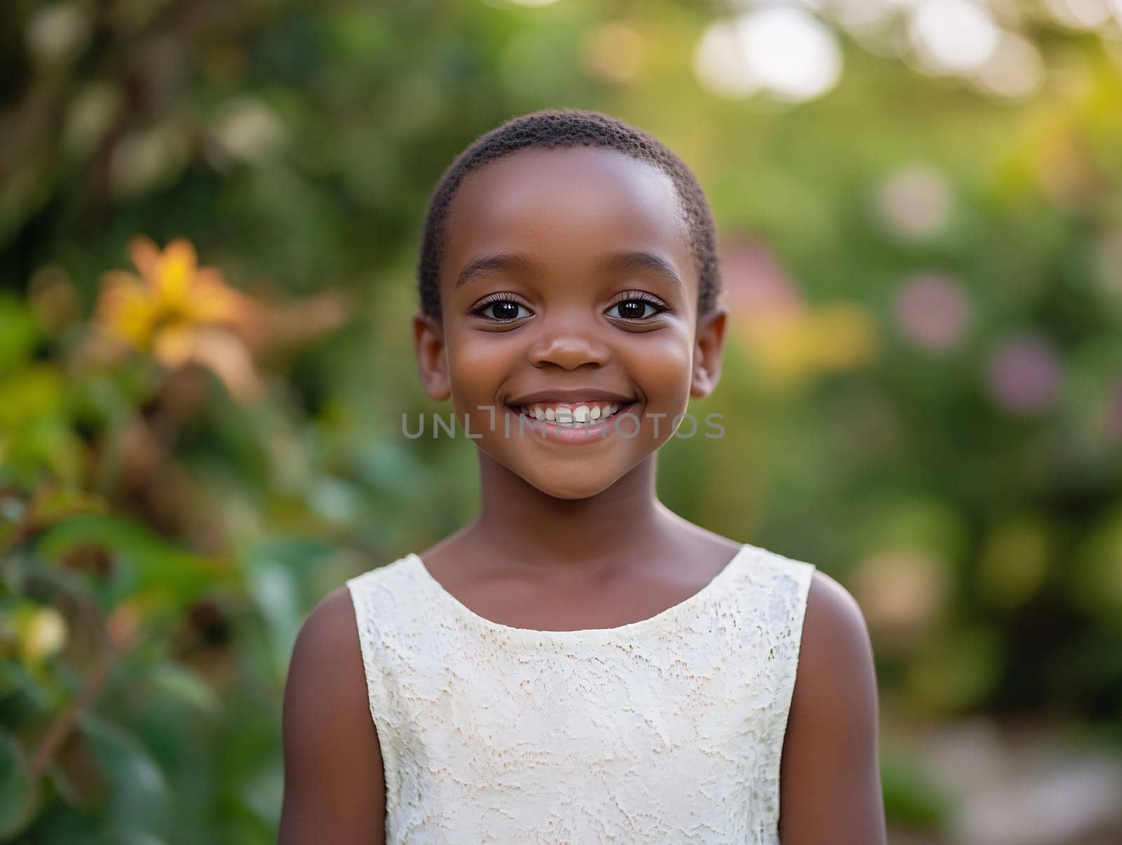 A joyful young child stands outside surrounded by greenery, enjoying a sunny day with a cheerful smile.