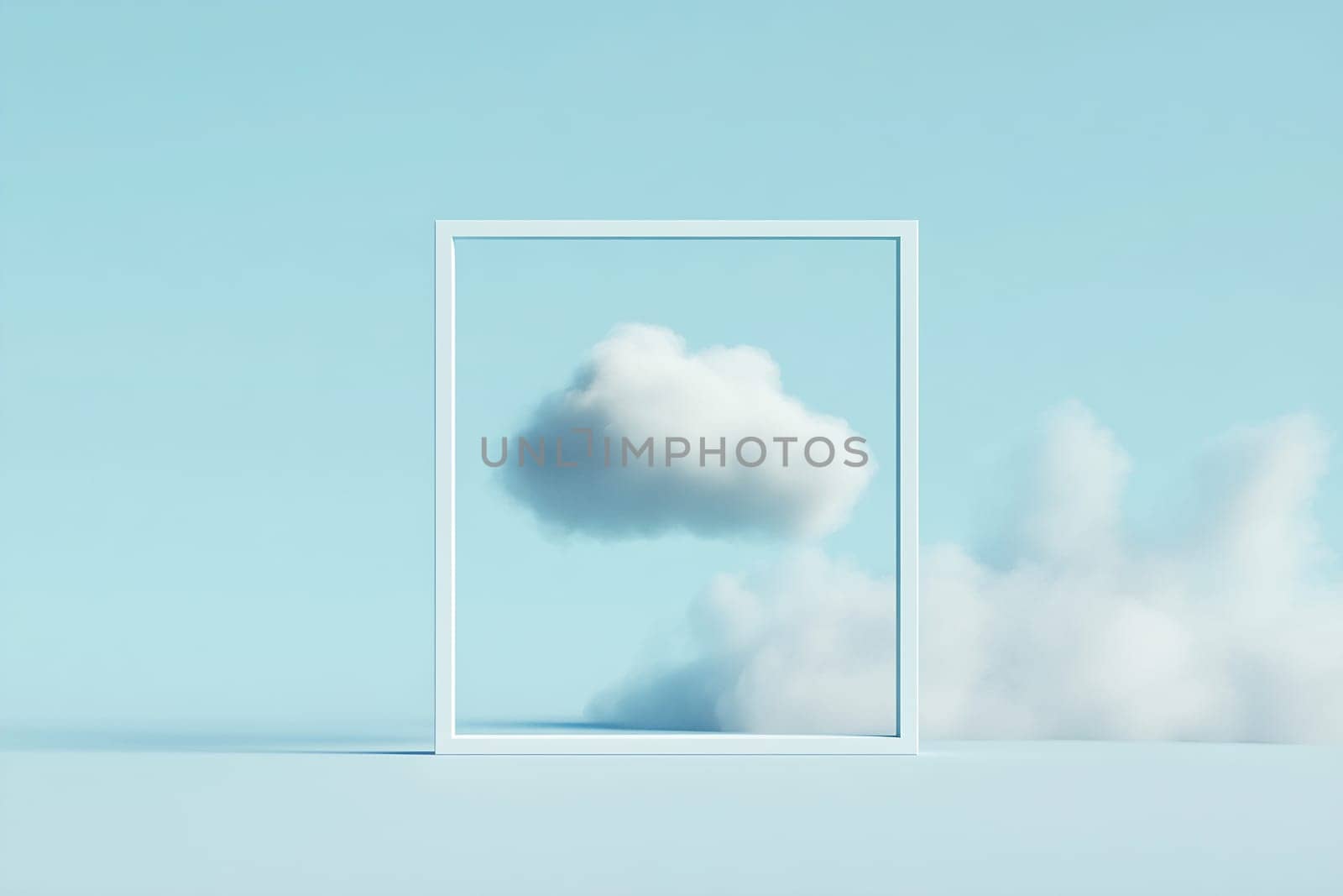 A white frame contrasts against a clear blue sky, highlighting a fluffy cloud drifting above the horizon.