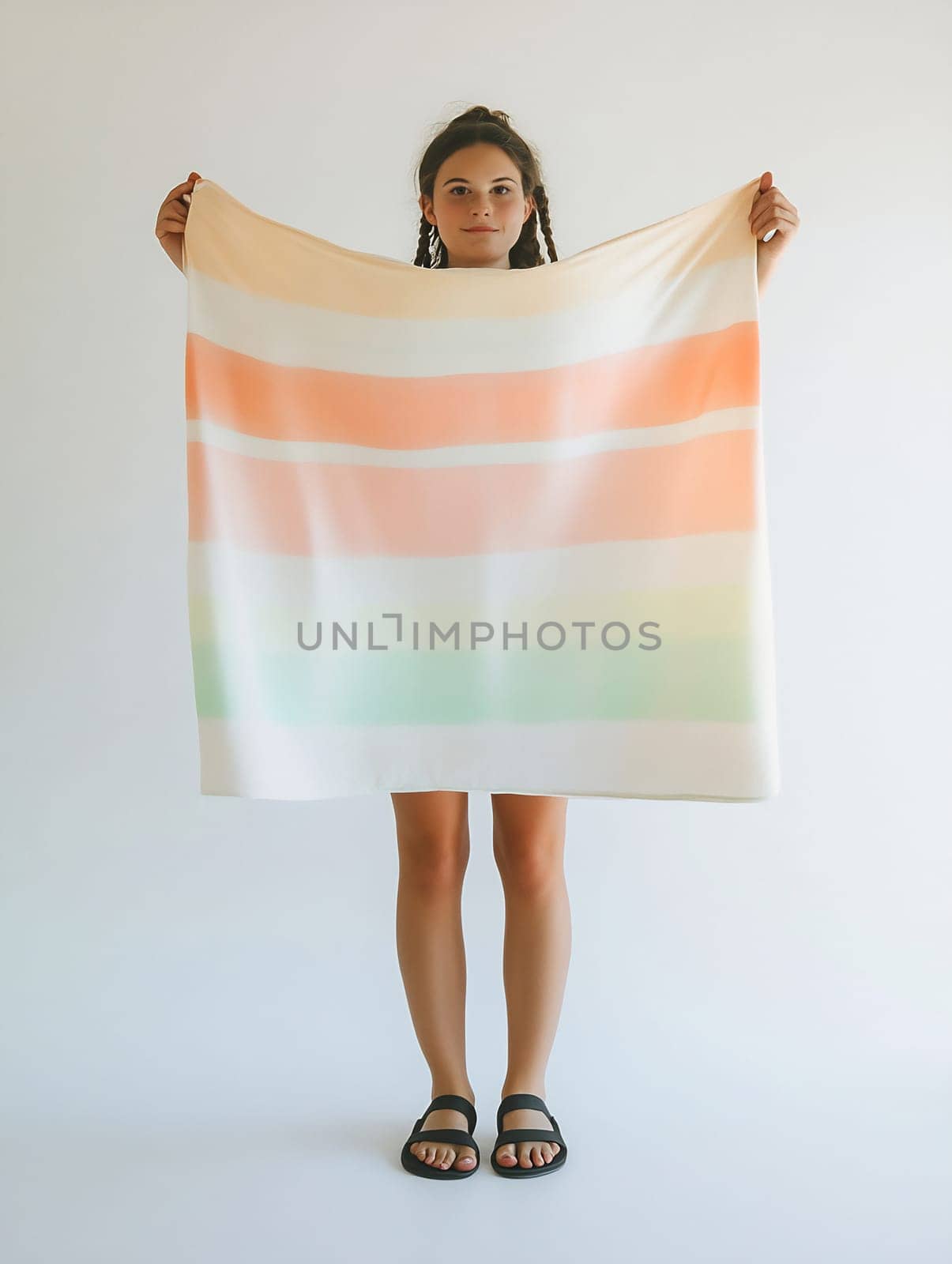 A young person displays a pastel-striped towel against a bright white background, showcasing its vibrant colors and casual style.