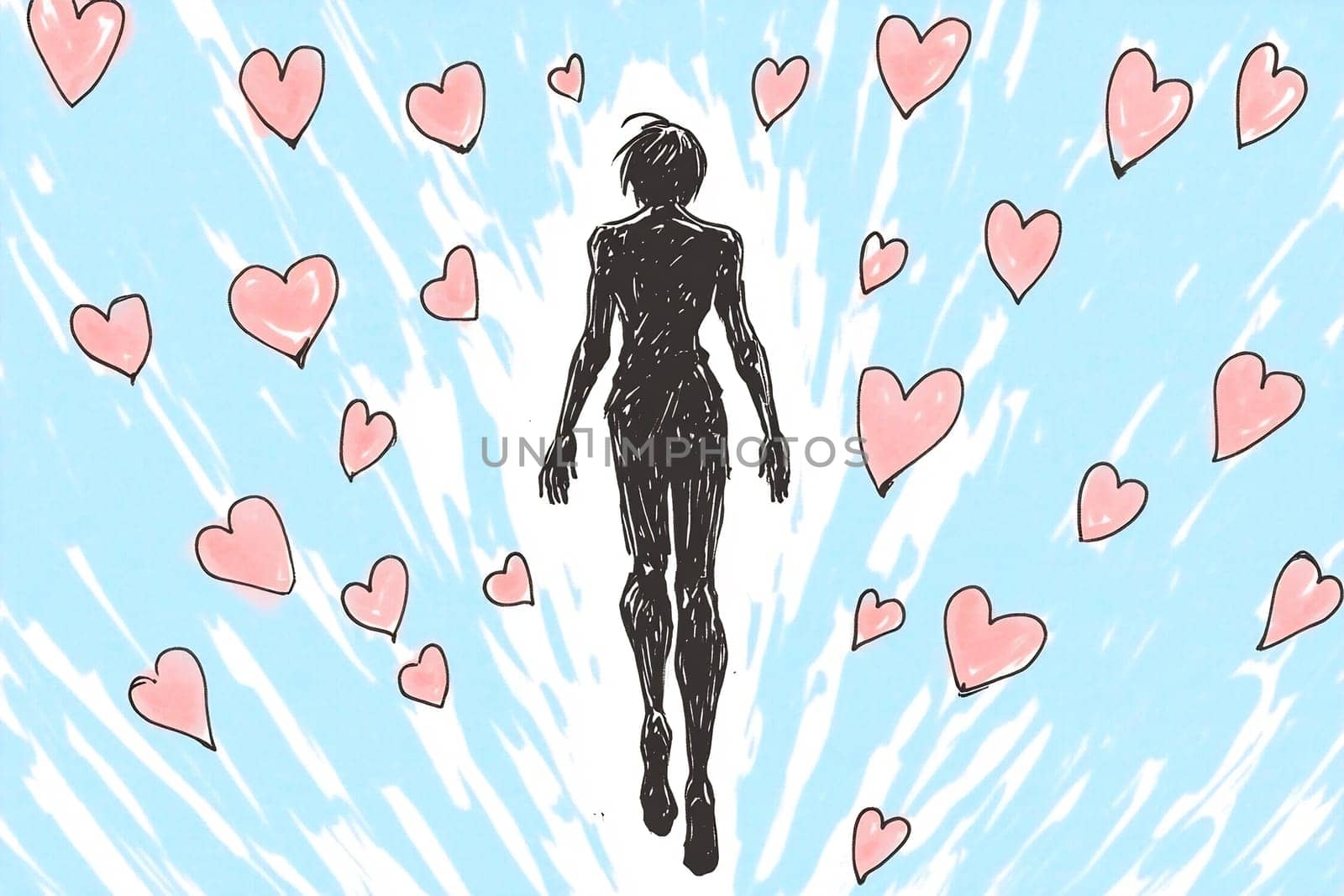 A silhouette of a person walks through a flurry of hearts on a light blue background, conveying a sense of love and emotion.