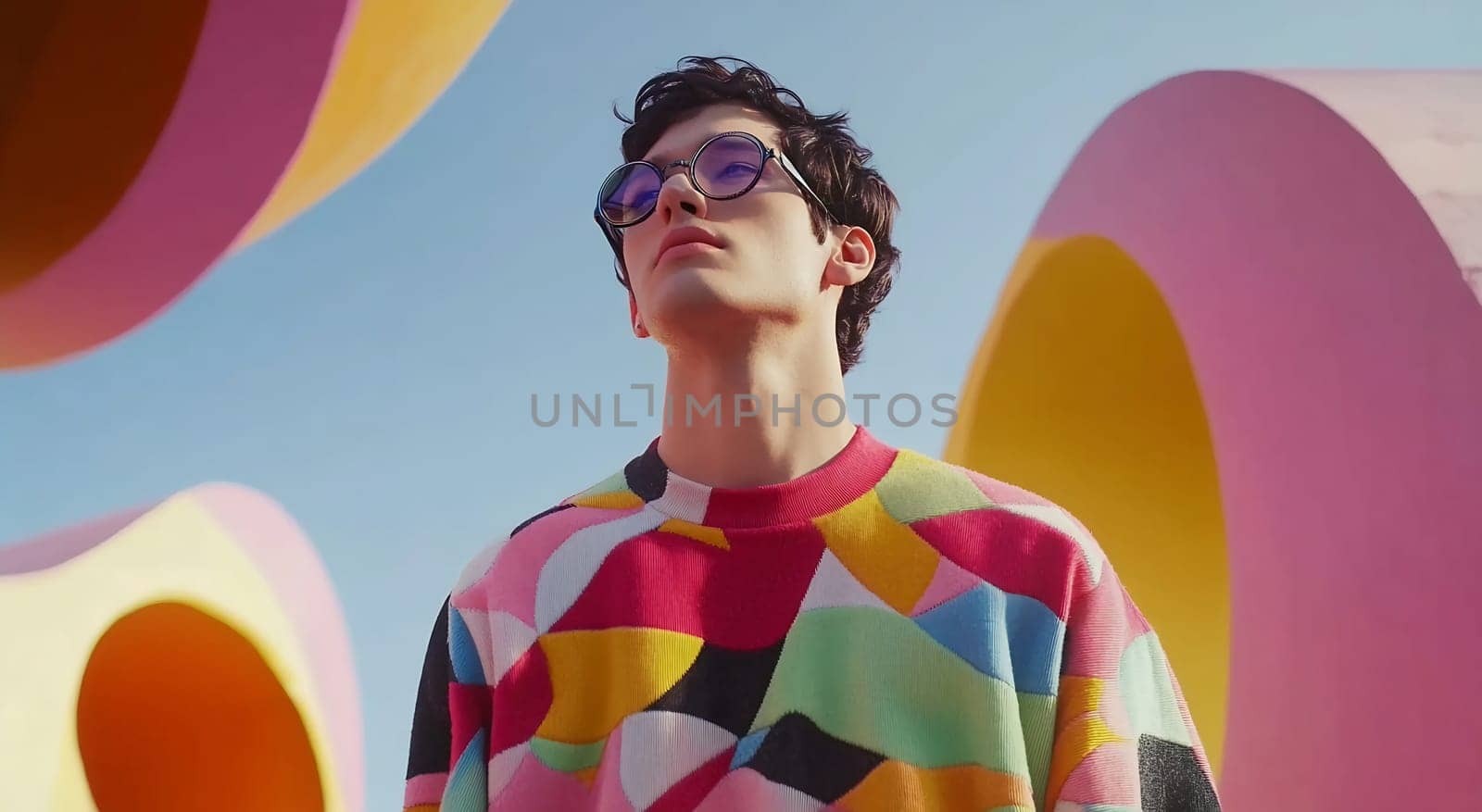 A young man stands confidently outdoors, wearing a vibrant, geometric sweater against a bright, artistic backdrop.