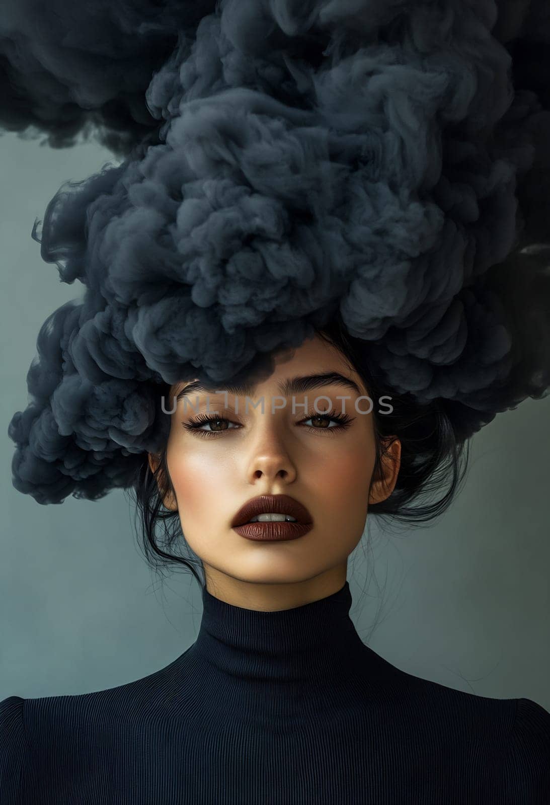 A model showcases an artistic hairstyle resembling dark clouds, creating a striking look with bold makeup against a neutral background.
