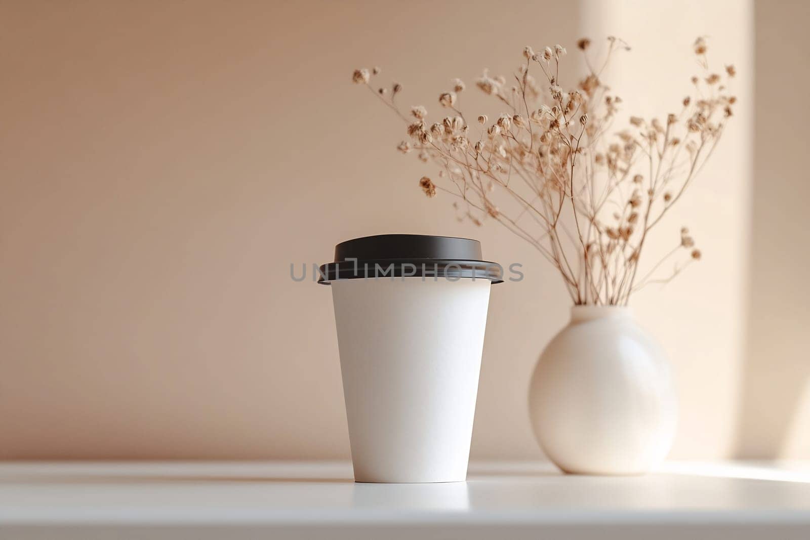 A simple scene of a coffee cup accompanied by a vase of dried flowers, illuminated by soft morning light on a table.