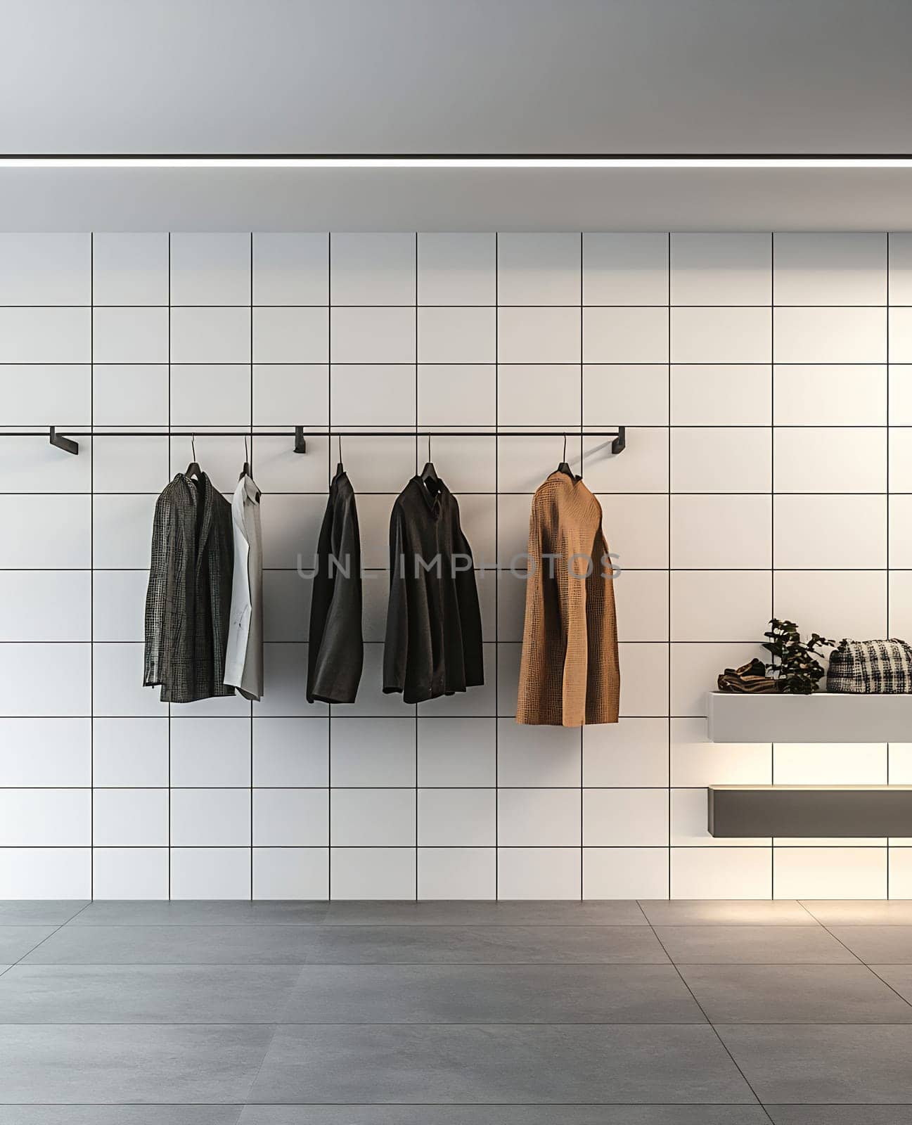 A stylish minimalist area showcasing various garments on hangers against a tiled backdrop. The clean lines highlight contemporary fashion.