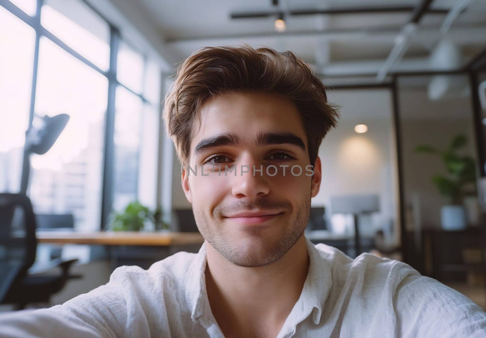 A young man with styled hair smiles warmly while sitting in a bright, contemporary office. Natural light fills the space.