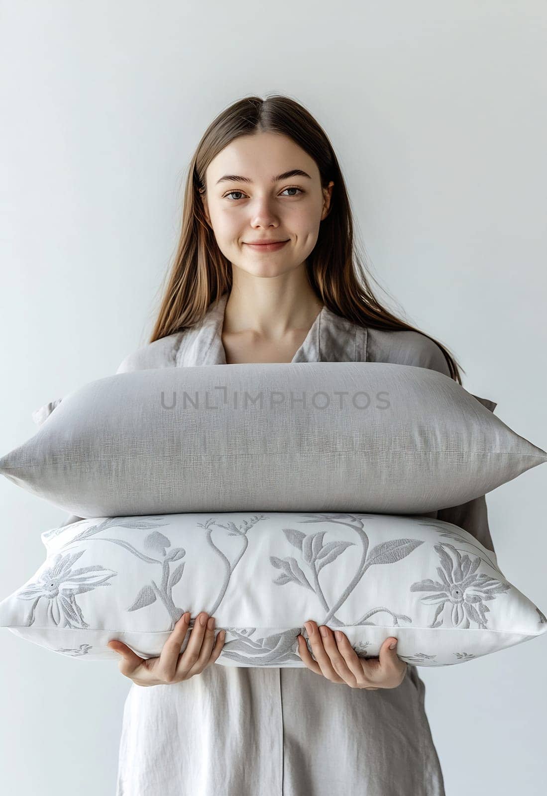 A young woman smiles while holding two decorative pillows in a bright indoor space, showcasing stylish home decor.