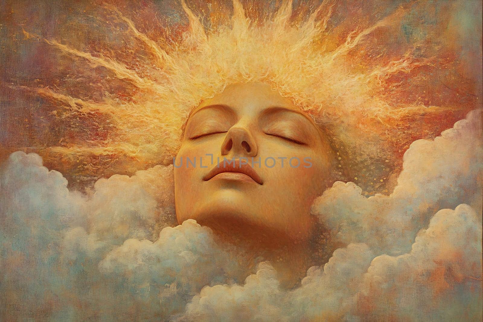 A beautiful figure with a serene expression emerges from fluffy clouds while golden rays of sunlight radiate in the background.