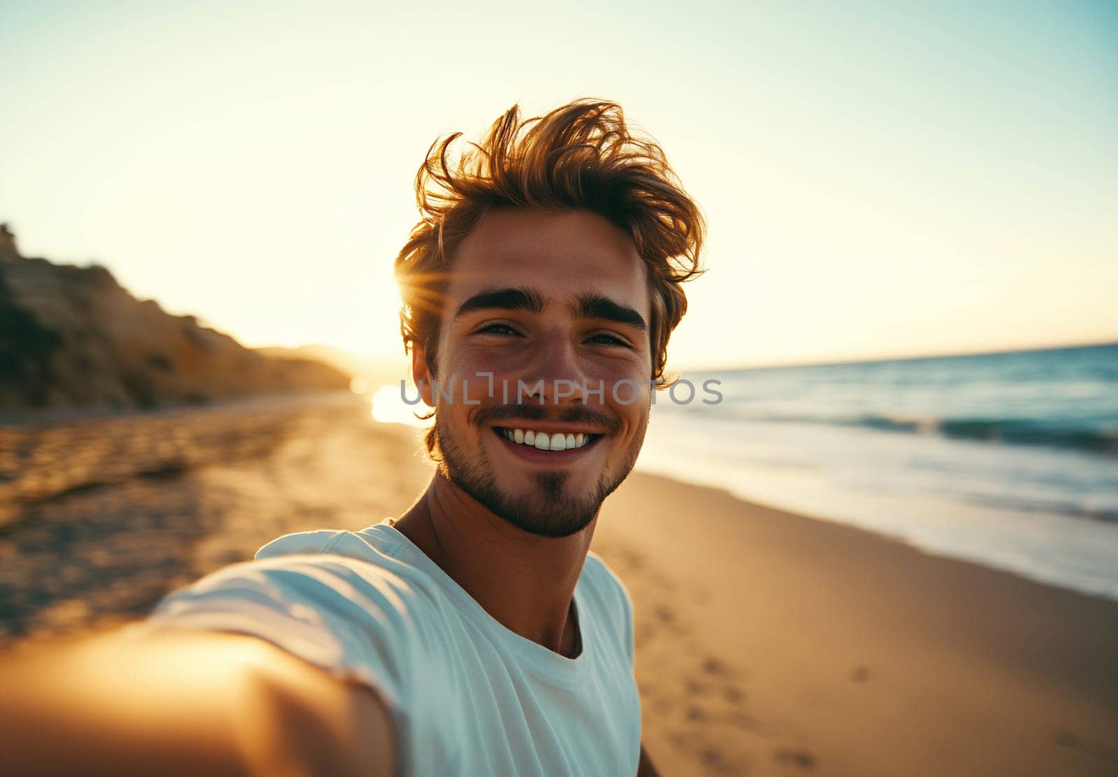 A young man smiles for a selfie while standing on a sandy beach during sunset, with waves gently lapping at the shore.
