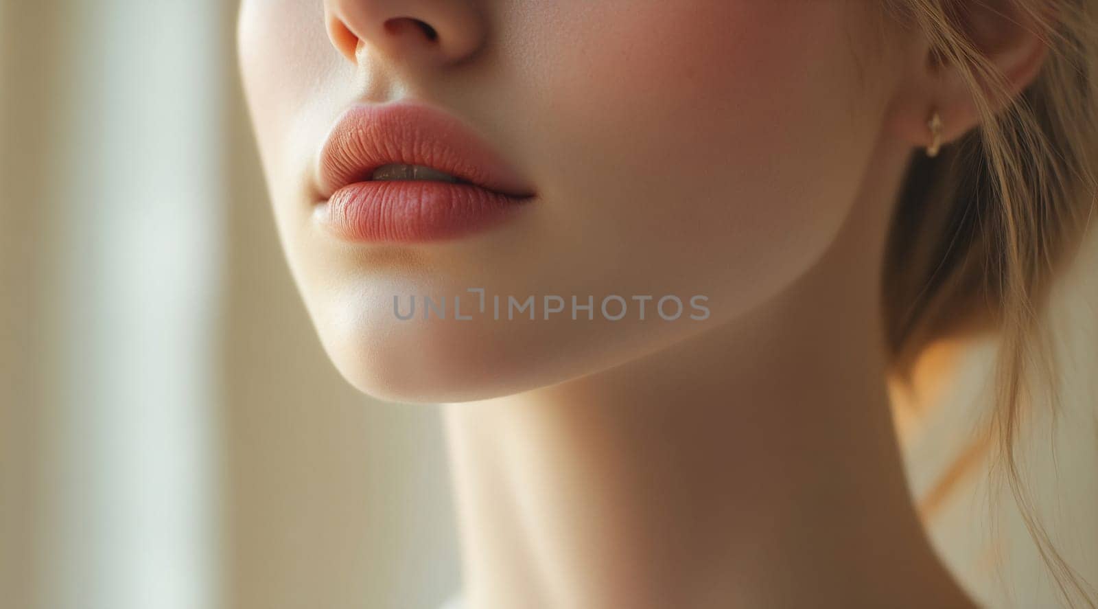 A woman poses with soft lips, showcasing natural beauty and subtle makeup in warm, inviting light by a window.