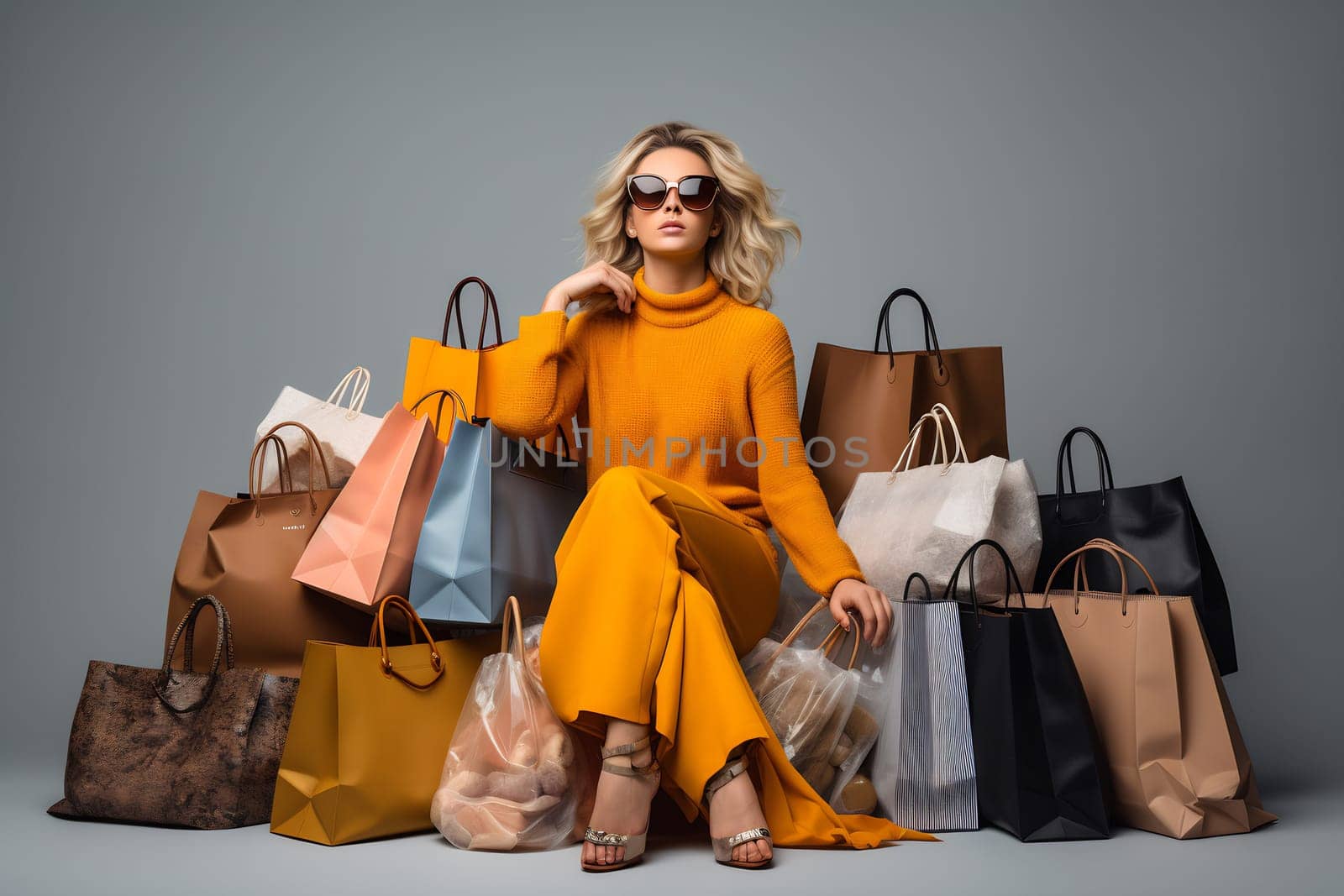 A fashionable woman in a vibrant orange outfit sits elegantly among various shopping bags, showcasing a keen sense of style and luxury.