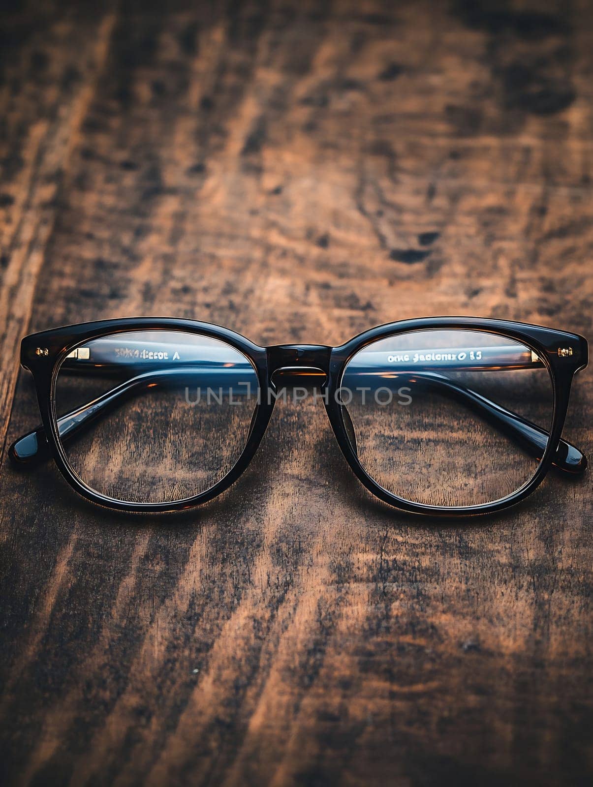 Black eyeglasses rest on a rustic wooden table, highlighting their sleek design and craftsmanship in natural light.