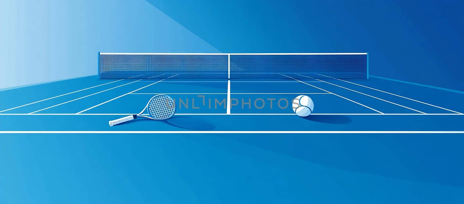 A blue tennis court featuring a racket and ball positioned on the surface, ready for a match or practice session.