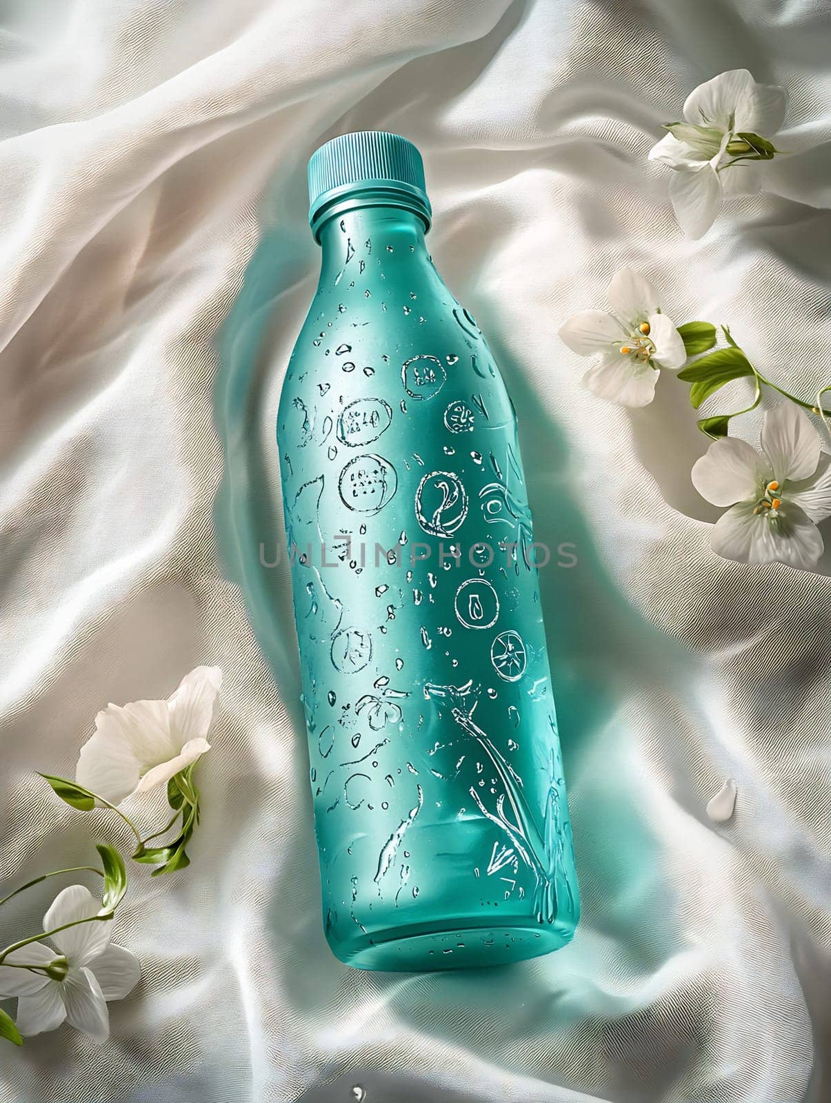 A turquoise water bottle lies on a soft fabric backdrop, surrounded by charming white flowers, conveying a sense of freshness and tranquility.
