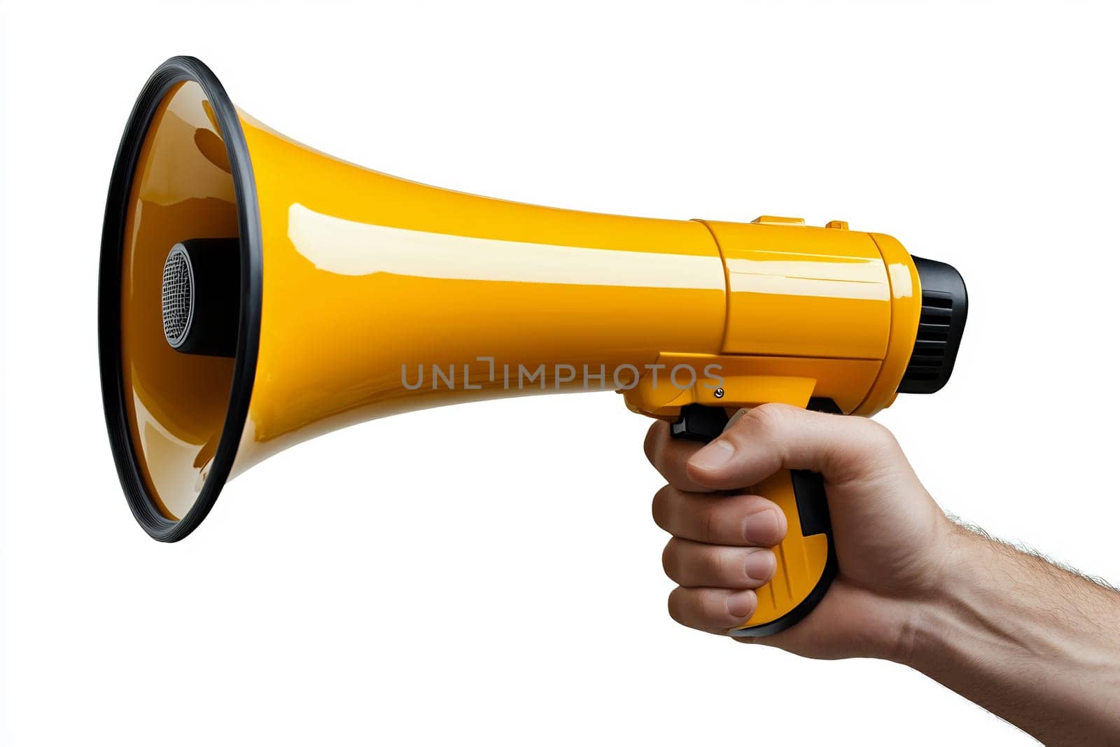 A hand firmly grips a bright yellow megaphone, ready to amplify messages during an event or gathering, showcasing its vibrant color.