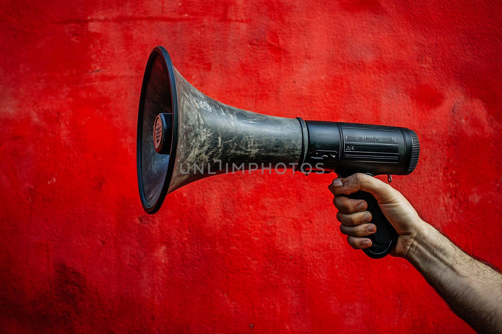 A person holds a megaphone firmly against a bright red wall, ready to amplify their message during an event.