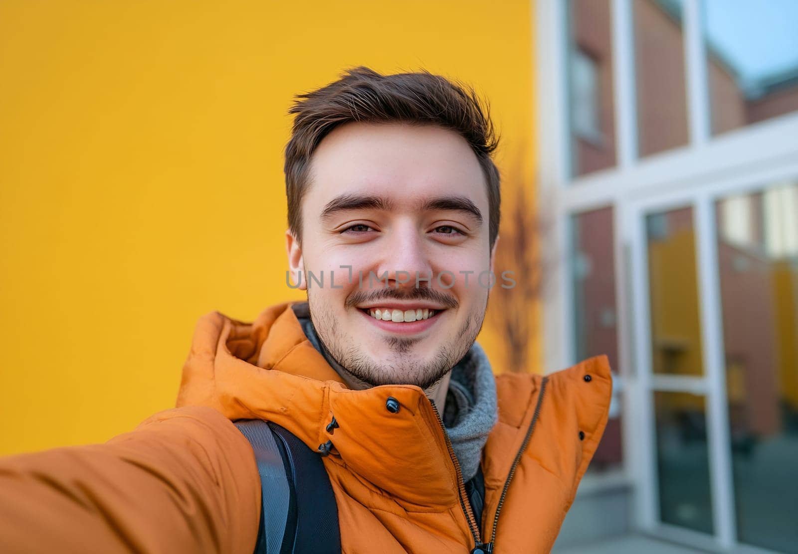 A cheerful young man wearing an orange jacket poses against a vibrant yellow wall, capturing a moment of joy outdoors.
