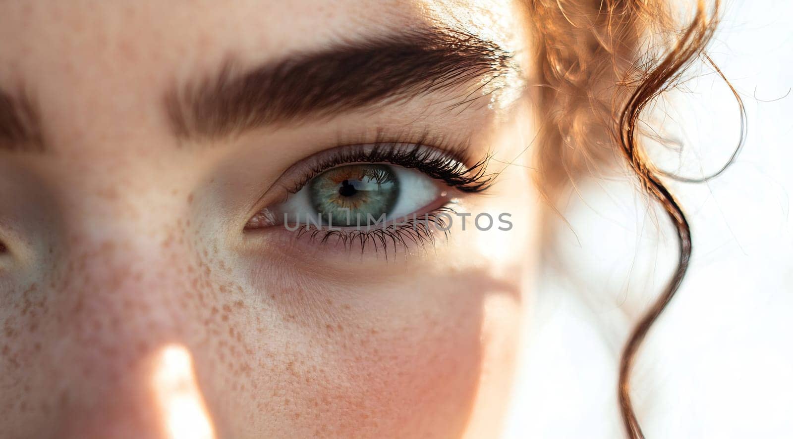 A young woman gazes directly at the viewer, highlighting her captivating blue eye and natural freckles in bright light.