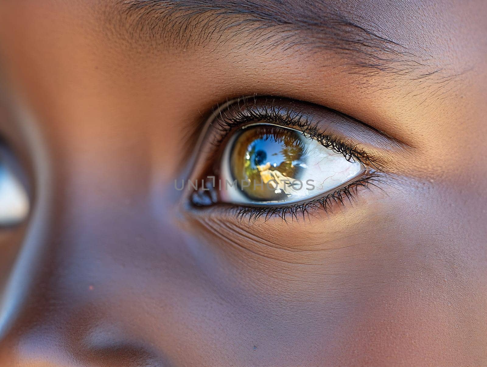 A close-up view of a child's eye showing vibrant reflection of greenery and bright sky, capturing innocence and curiosity.