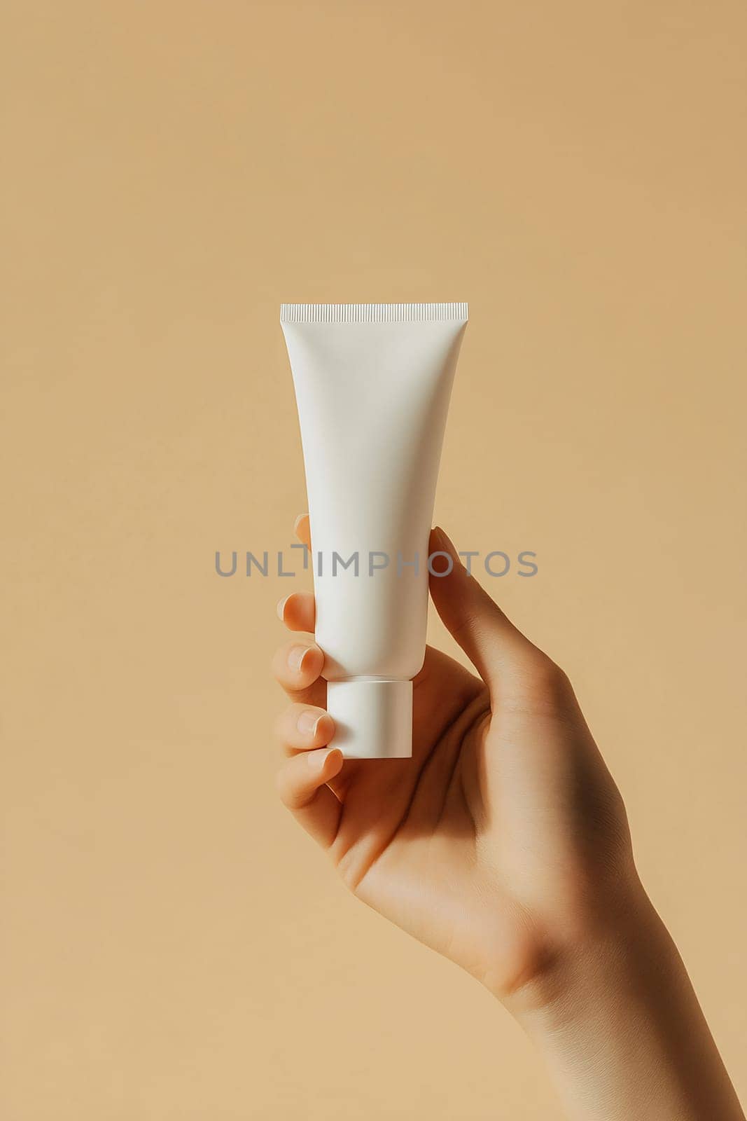 A hand holds a minimalist white tube against a soft beige background, emphasizing simplicity and elegance in design.
