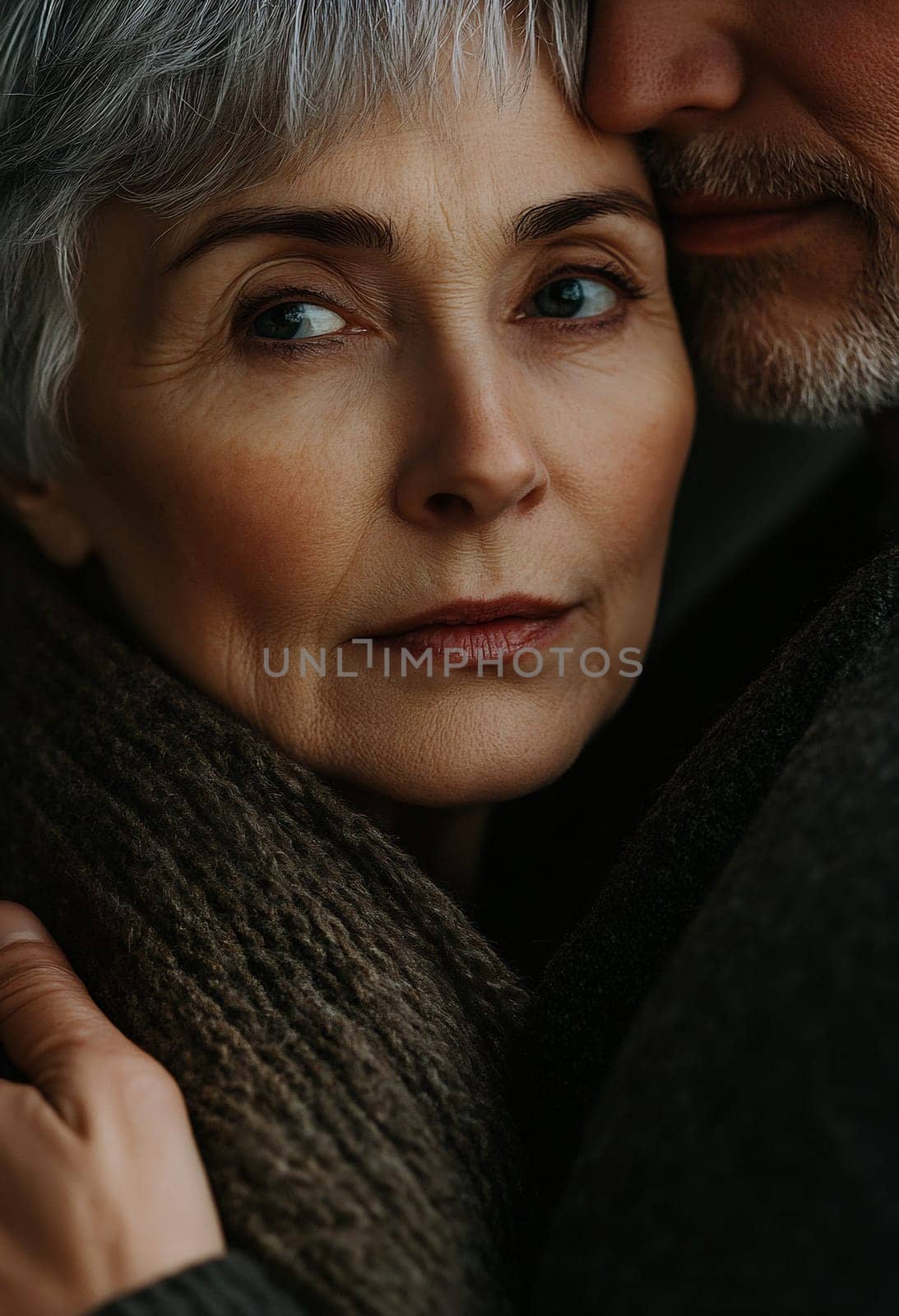 A couple embraces closely, capturing a tender moment filled with warmth and connection. Their expressions convey deep emotions.