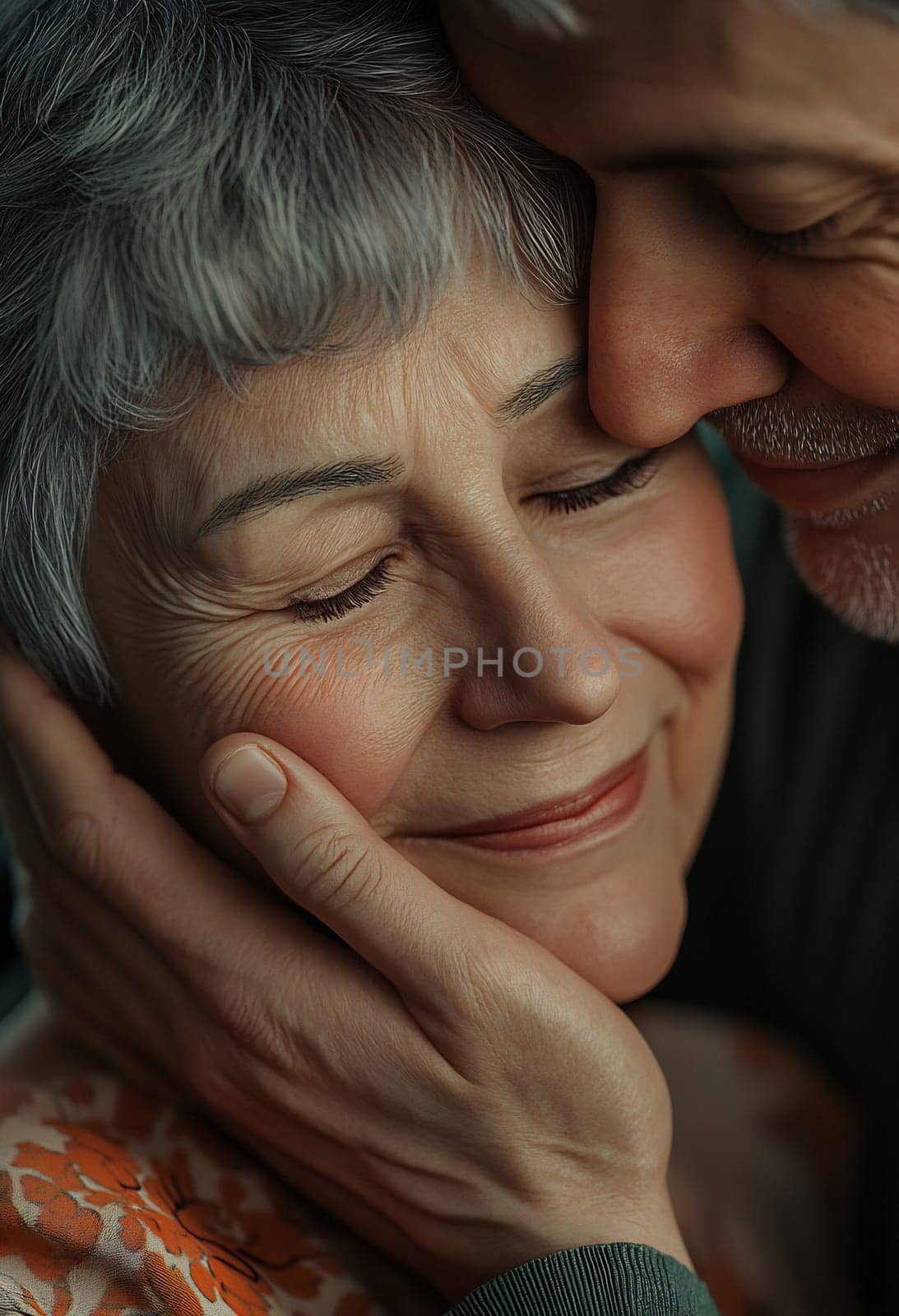 Two elderly individuals share a heartfelt embrace, exchanging warmth and affection in a serene indoor setting.