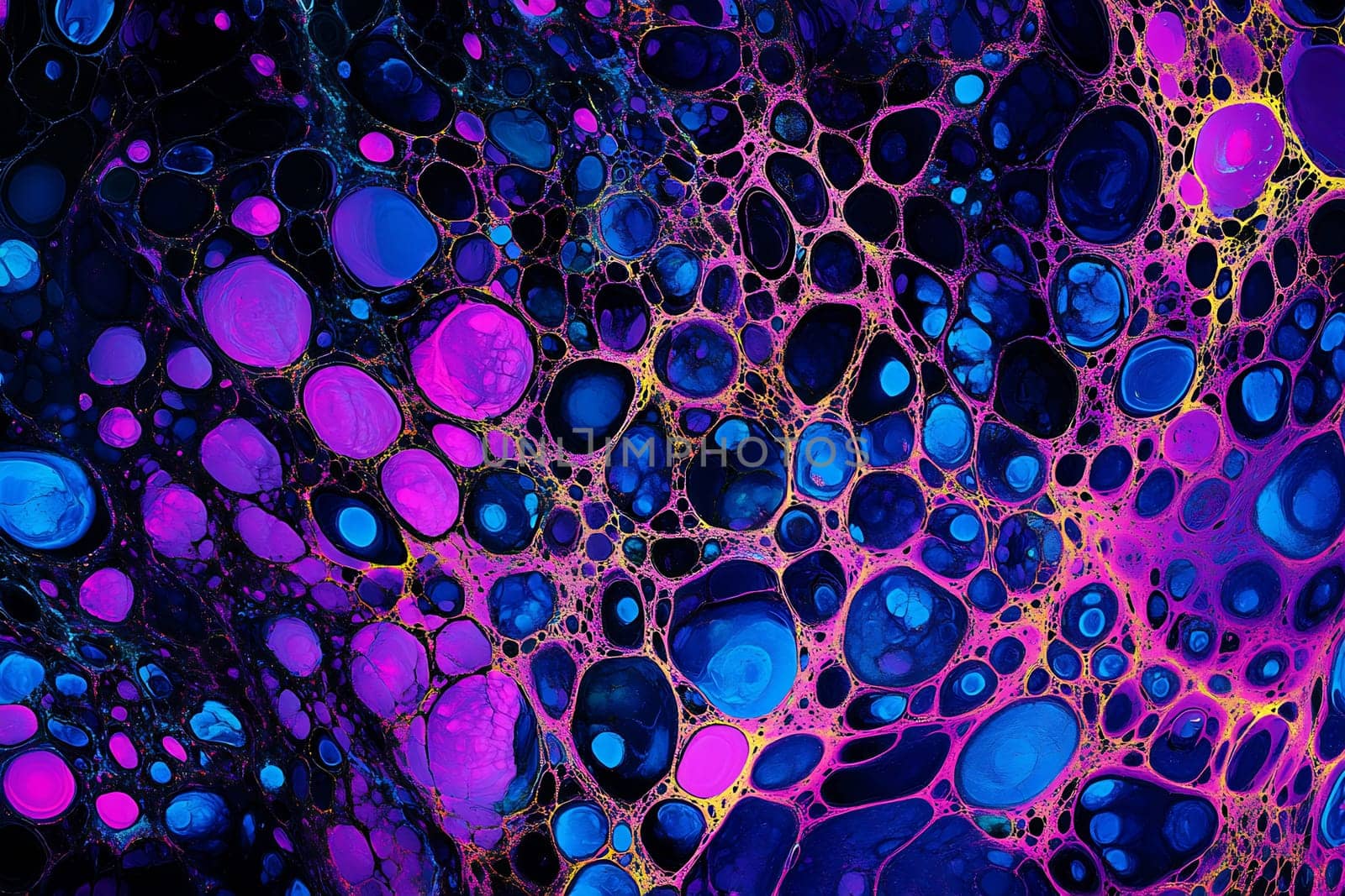 Bright purple and blue bubbles create an abstract pattern, showcasing vibrant colors and unique shapes in a captivating design.