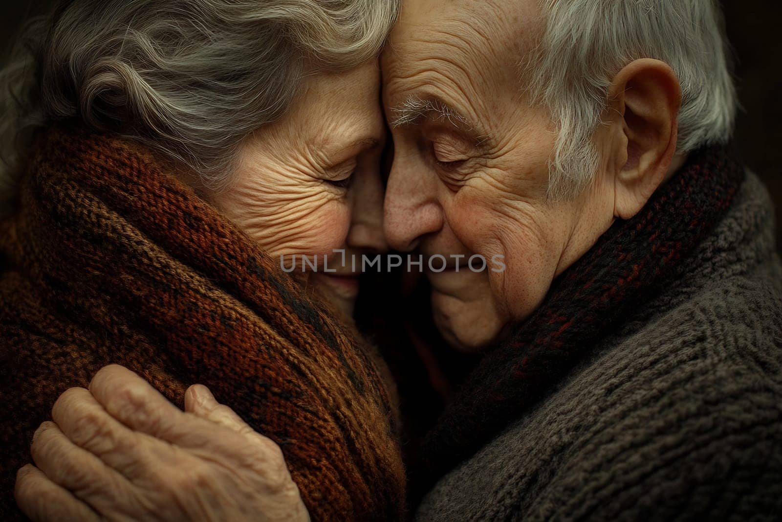 An elderly couple embraces warmly, sharing an intimate moment while wrapped in their cozy scarves, radiating love and companionship.