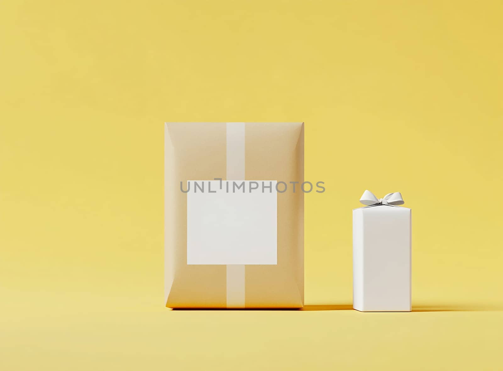 Two carefully wrapped gifts sit on a vibrant yellow background, showcasing simple designs and colors, ready for a special occasion.