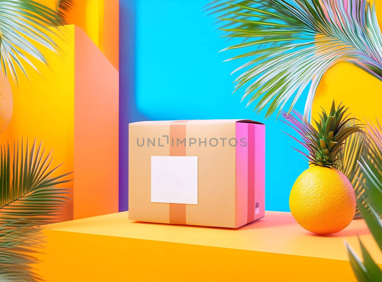 A vibrant package sits among tropical plants and bright backgrounds in a playful arrangement, showcasing a fun, modern aesthetic.