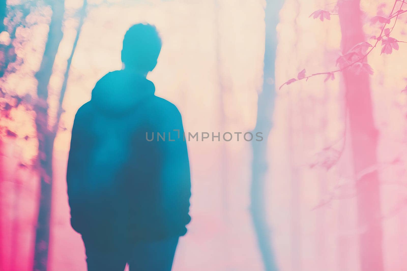 A person stands alone in a colorful forest, surrounded by mist and soft light at dusk, creating an ethereal atmosphere.