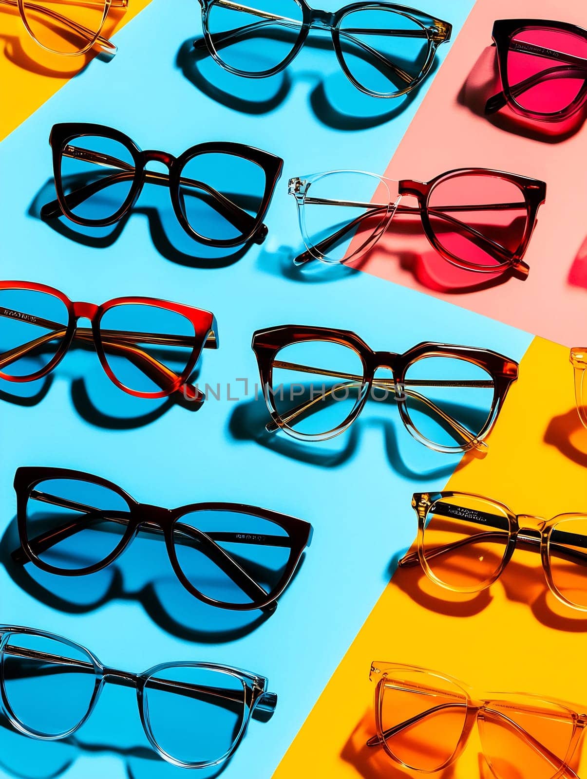Various stylish eyewear arranged on bright blue, yellow, and pink backgrounds, showcasing different colors and designs of frames.