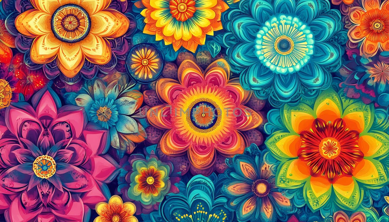 A stunning array of multicolored flowers adorns a deep blue background, showcasing intricate patterns and designs.