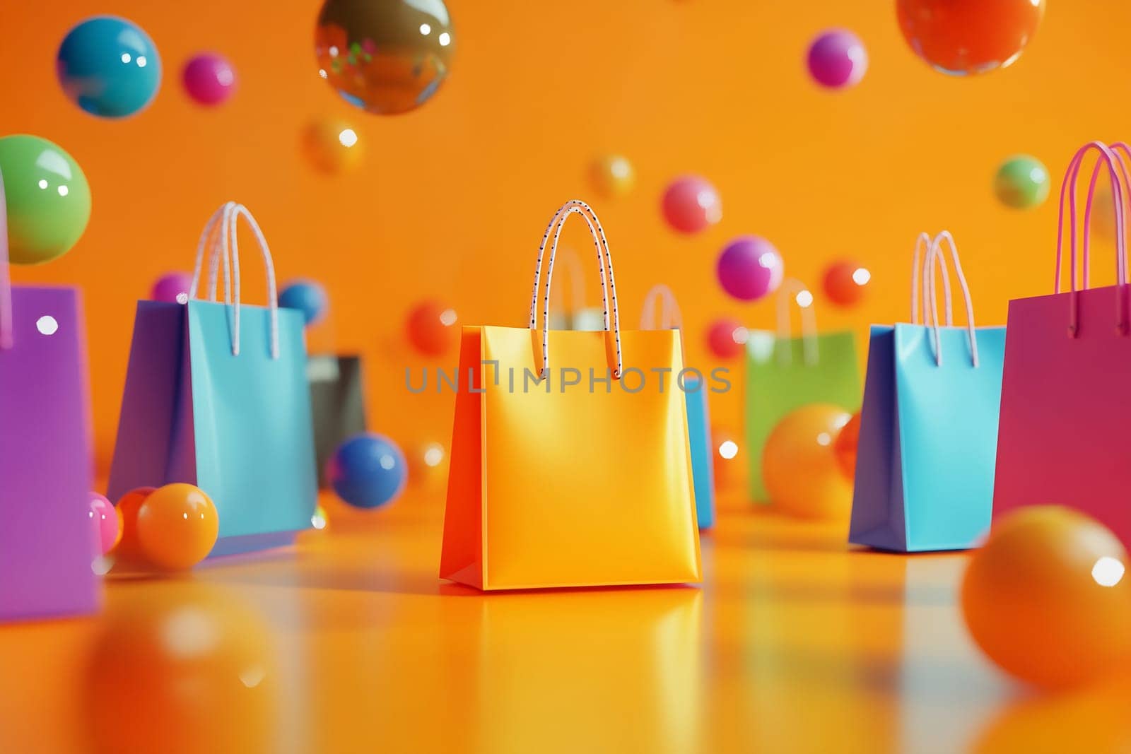 Brightly colored bags surround playful balls, creating a cheerful atmosphere in an artistic display of shapes and colors.