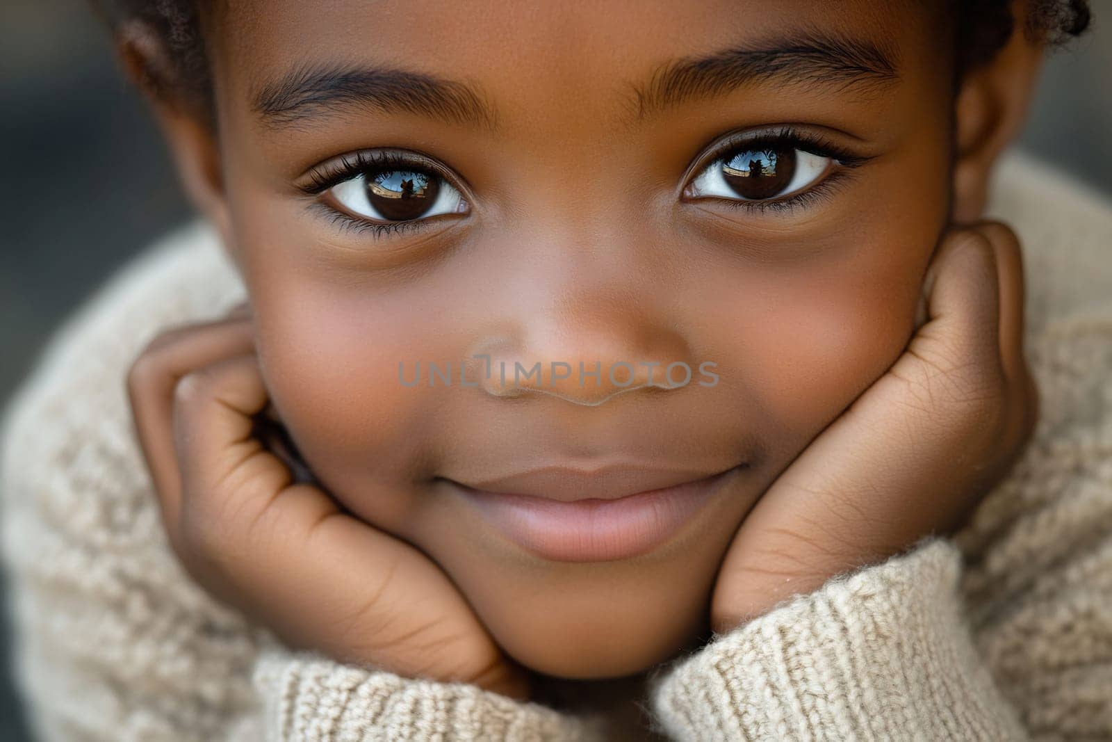 A cheerful girl rests her chin on her hands, smiling warmly at the camera, showcasing her bright eyes and cozy sweater.