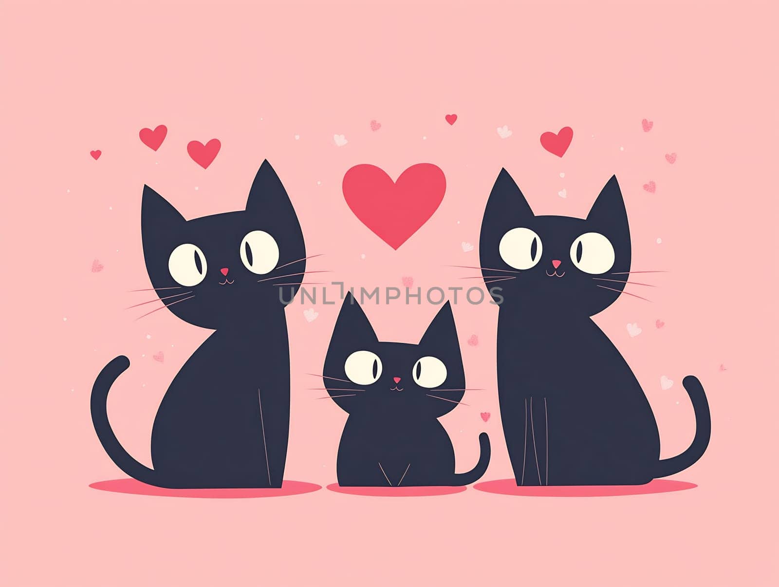 Three black cats are joyfully posed together with hearts surrounding them, showcasing their playful nature and affection in a charming design.