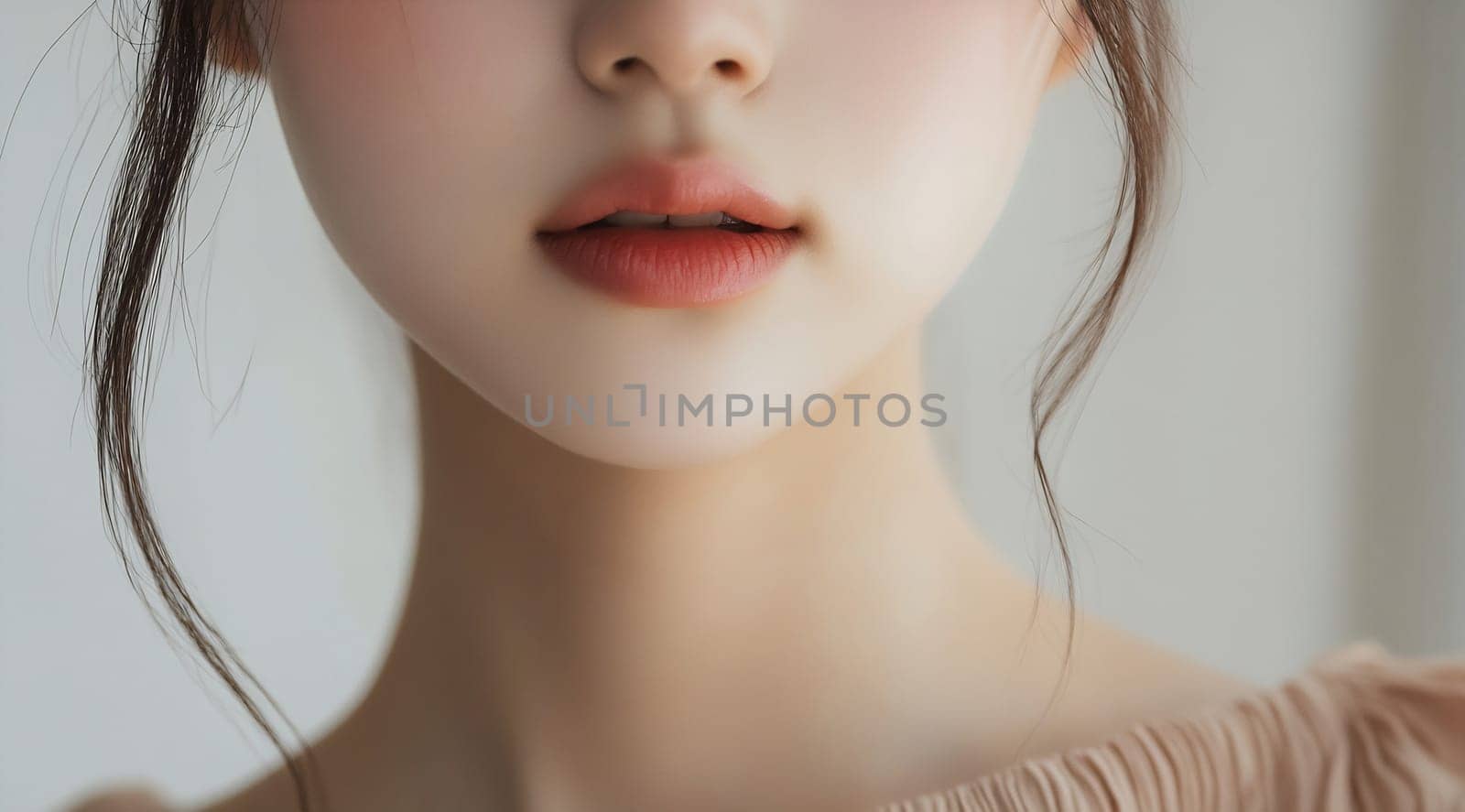 A young woman showcases natural makeup with delicate features, posing gracefully against a softly lit background.