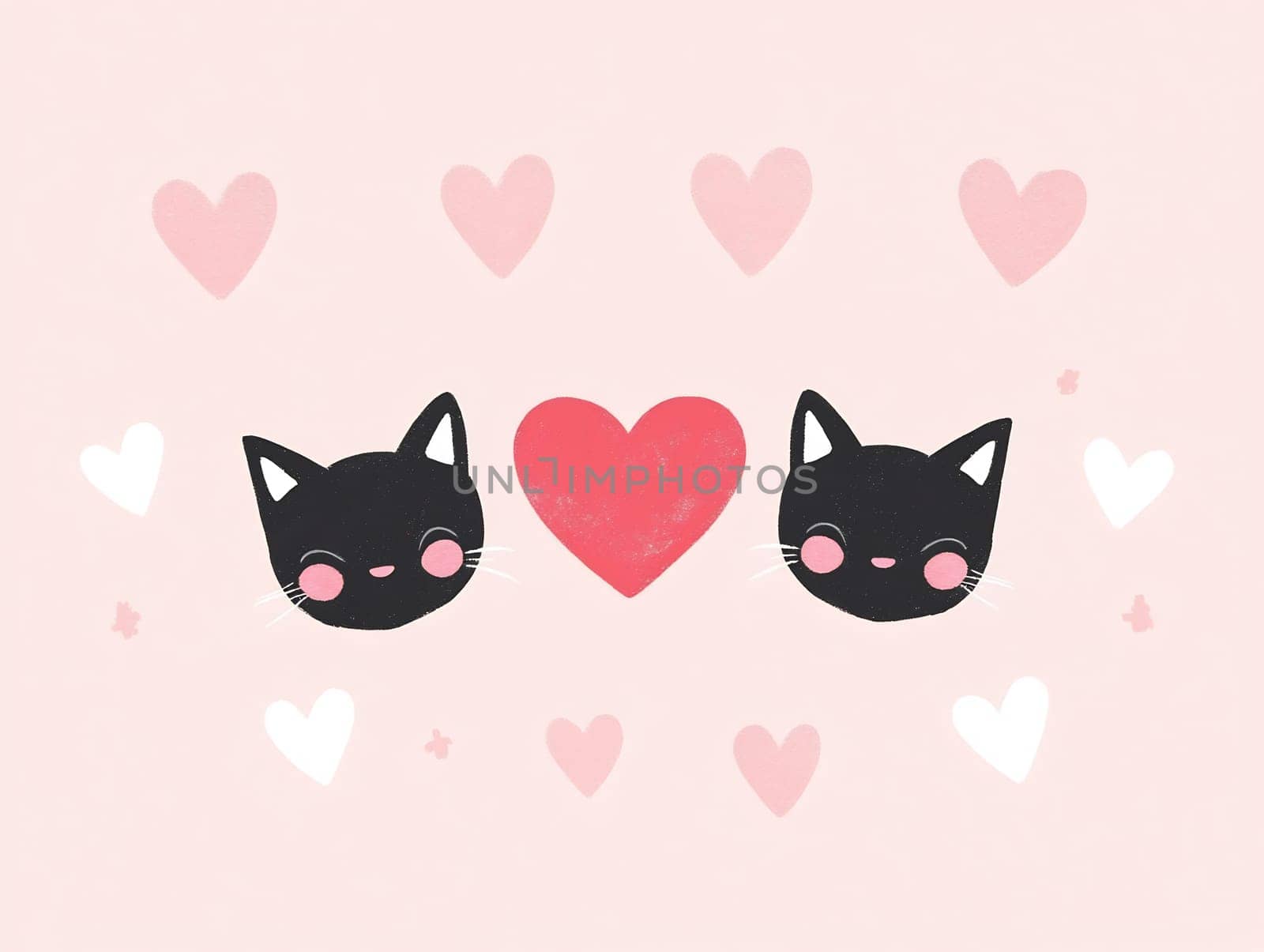 Two adorable black cat faces with pink cheeks surrounded by various hearts create a charming, playful design.