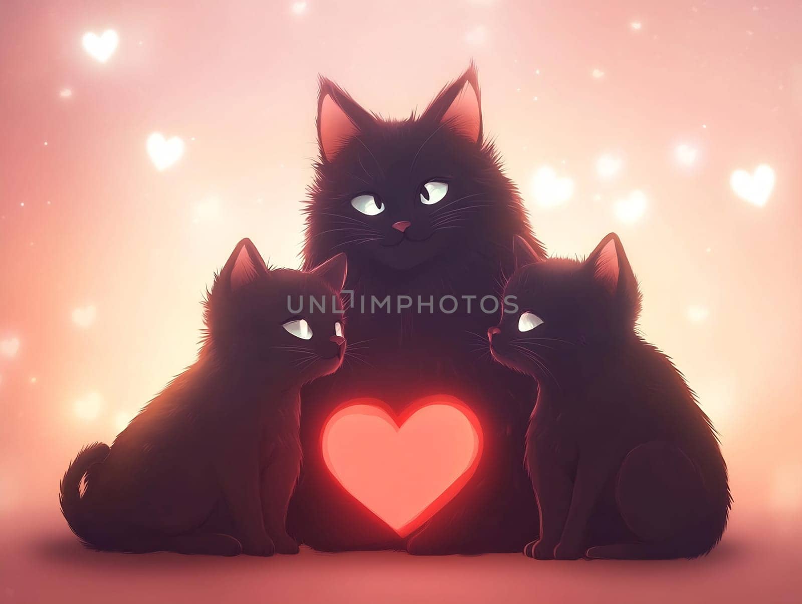 A large black cat sits with two smaller black cats, all surrounded by soft glowing lights, creating a warm and affectionate atmosphere.