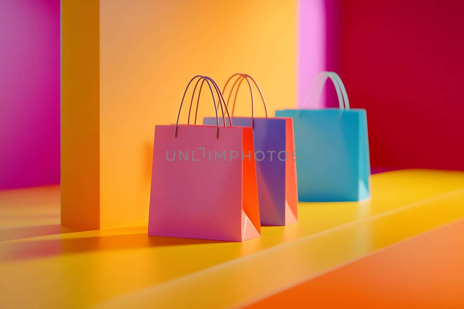 Three stylish shopping bags sit on a brightly colored surface, showcasing a lively arrangement of colors and shapes.