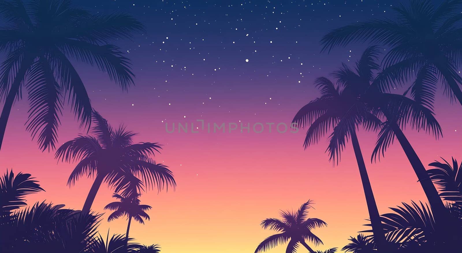 A vibrant sunset casts hues of purple and orange above silhouetted palm trees under a starry sky.
