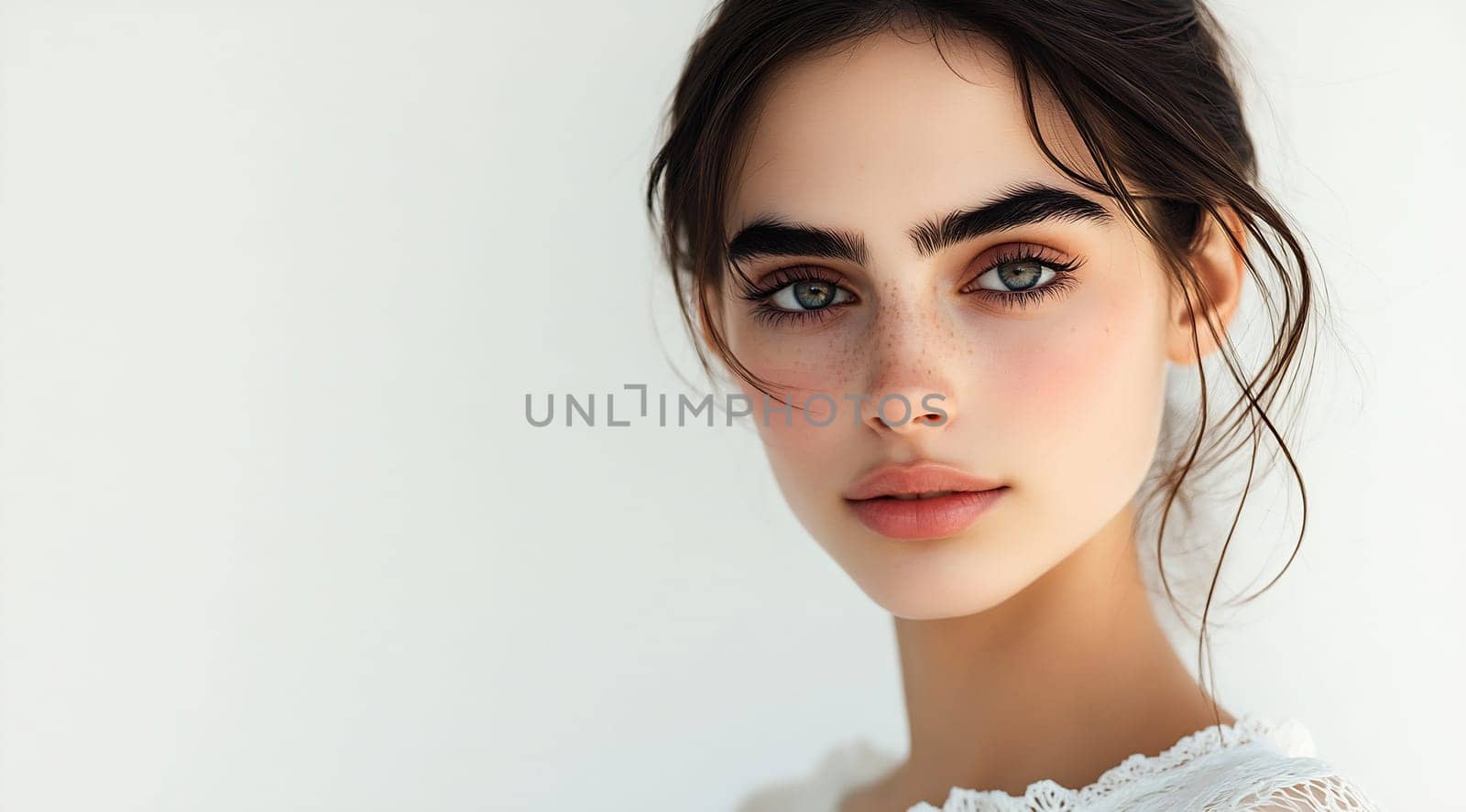 A young woman with captivating eyes and subtle makeup gazes thoughtfully while standing in front of a white background.