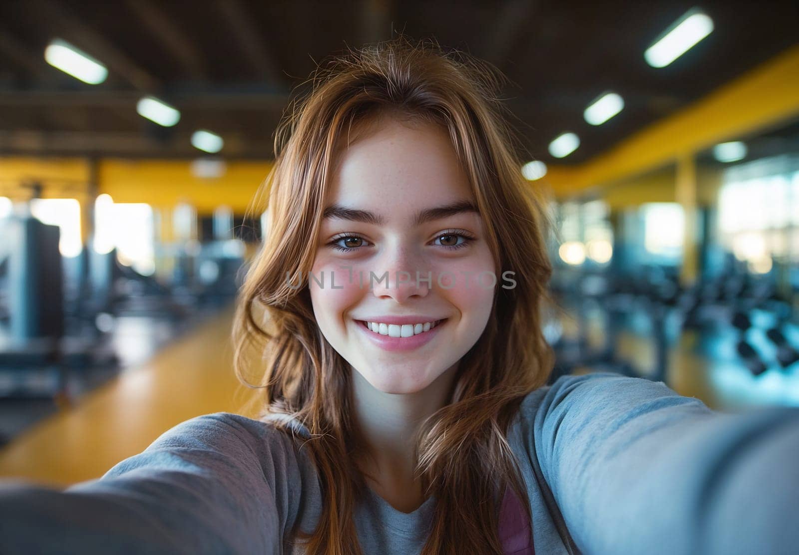 A smiling young woman captures a selfie at the gym, showcasing her enthusiasm in a vibrant fitness environment.