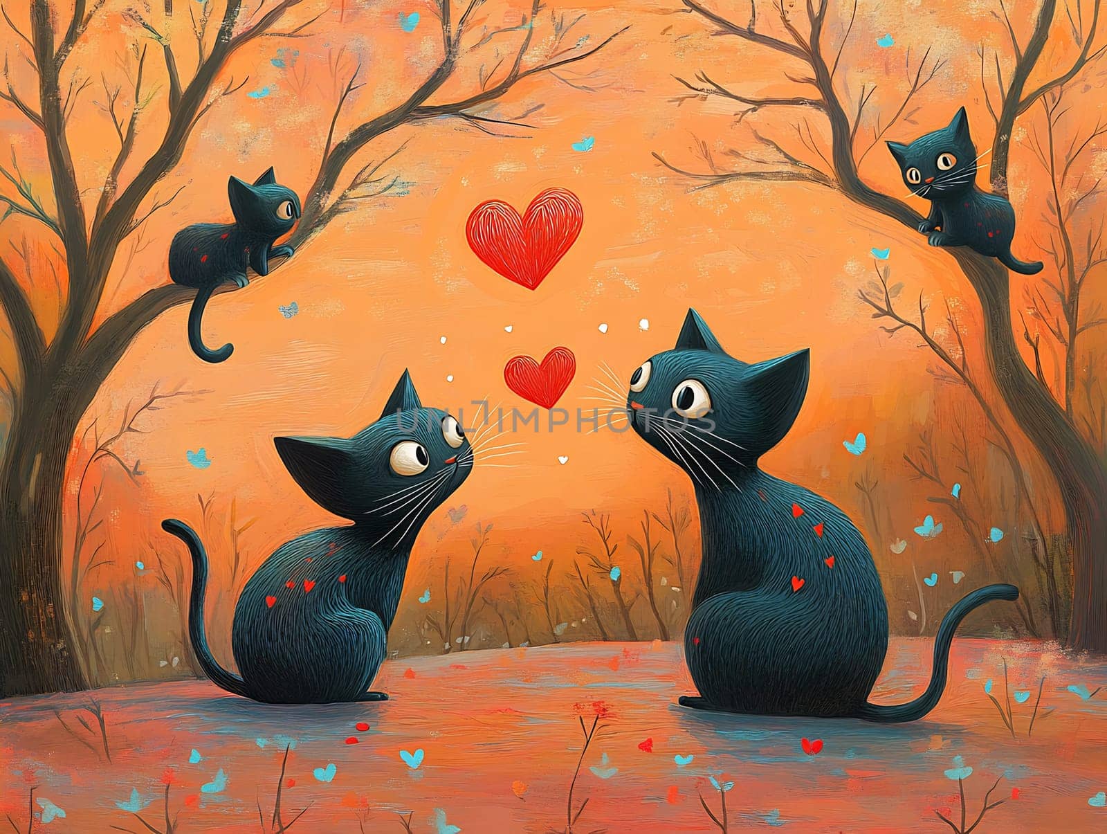 Two black cats gaze at each other lovingly amid autumn trees and colorful leaves, with hearts floating in the air around them.