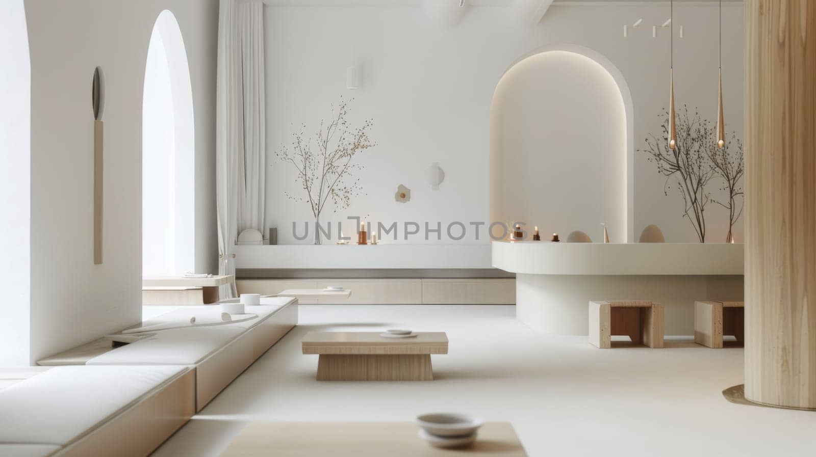 A white room with a lot of wood and a lot of light. The room is very open and has a lot of natural light coming in from the windows