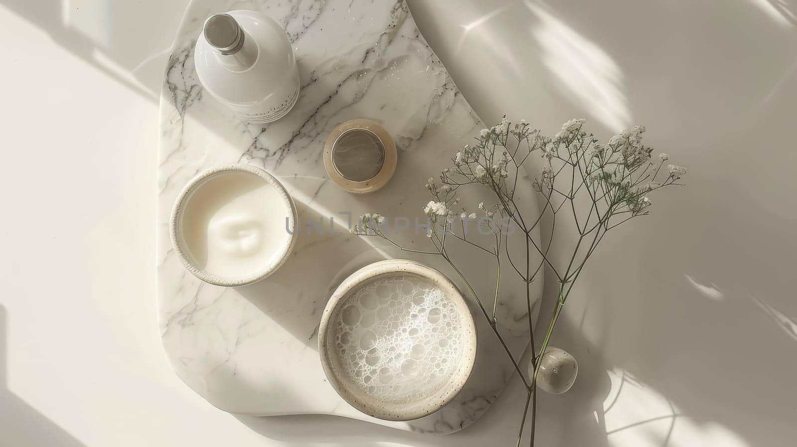 A white marble counter top with a white bowl of soap, a white bowl of lotion, and a white bottle of lotion