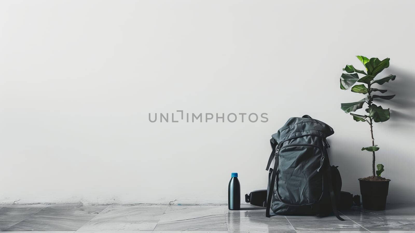 A backpack and a bottle of water are on the floor next to a plant. The image has a minimalist feel to it, with only the backpack, water bottle, and plant as the main elements